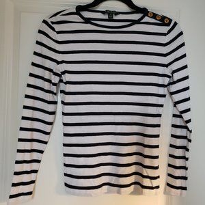 Black & White Striped Ralph Lauren Long-Sleeved Shirt with Gold Detailing